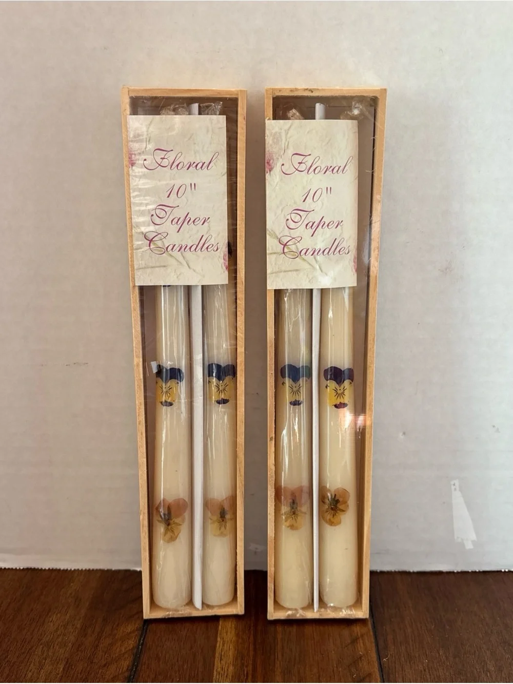 New Vtg. Flowered Taper Candles 2 Pairs 10